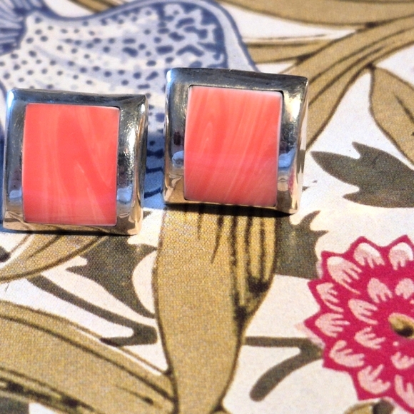 Rare Pink Coral 925 Sterling Silver Square Rare  Pink Coral and  Earrings - Picture 9 of 9